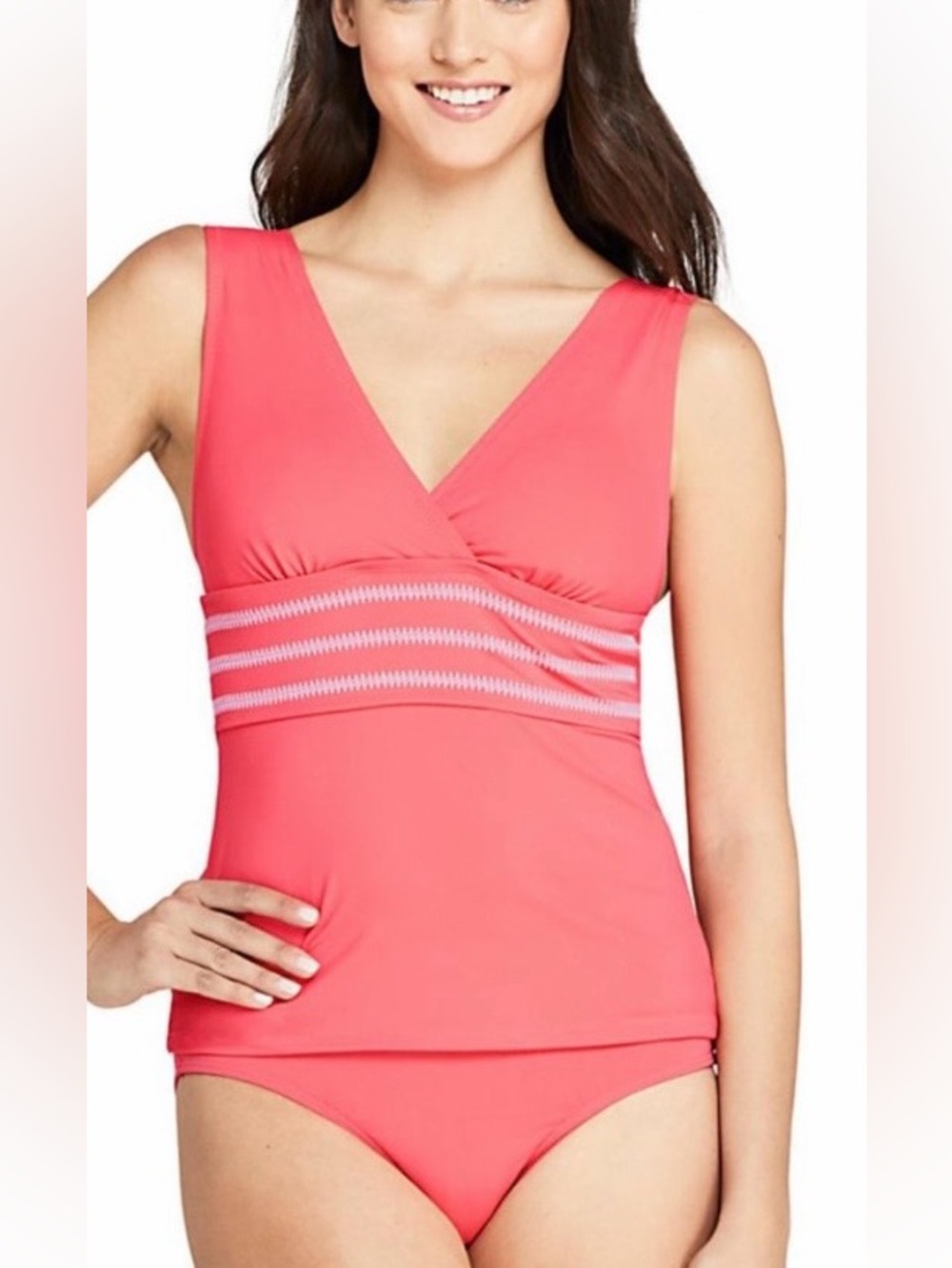 Lands' End Coral Pink V-Neck Modest Embroidered Tankini Swim Top Size 12D